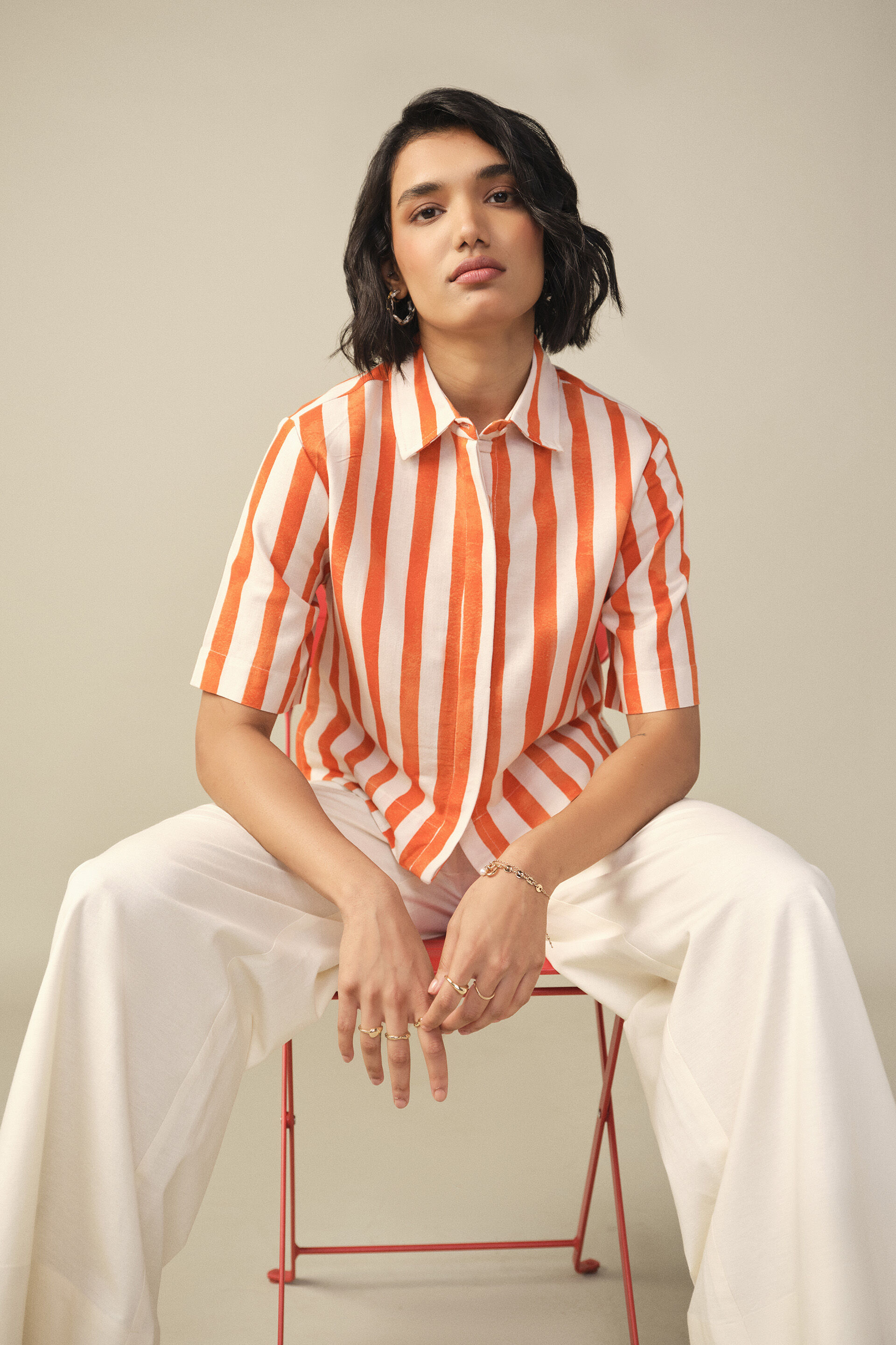 Striped Crop Shirt in Orange, Orange, image 2